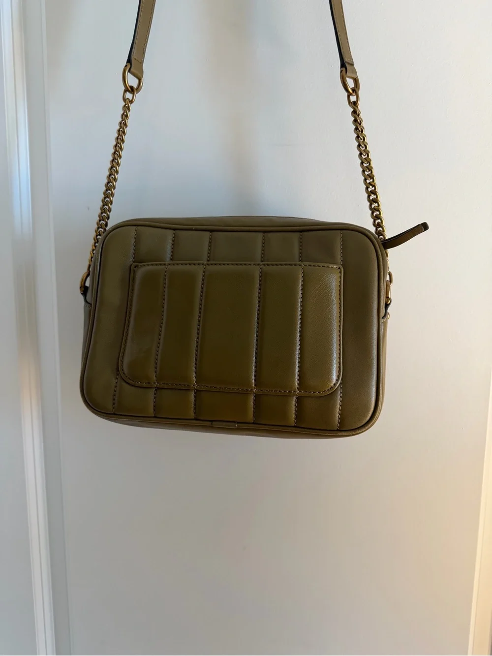 Tory Burch Olive Green Quilted Leather Camera Crossbody with Gold Logo